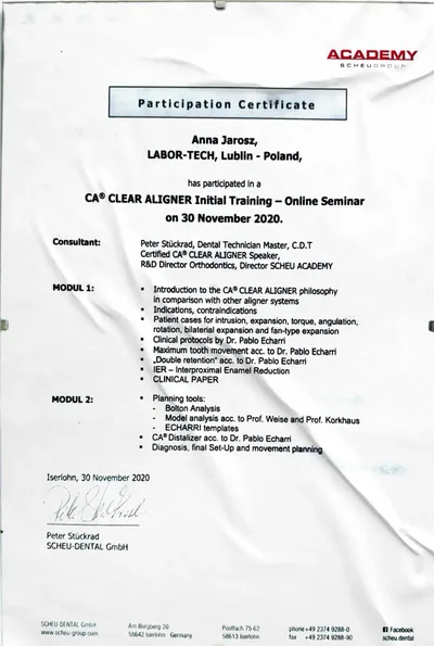 Certyfikat CA Clear Aligner Initial Training, Scheu Academy, 2020