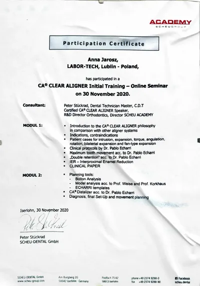 Certyfikat CA Clear Aligner Online Seminar, Scheu Academy, 2020