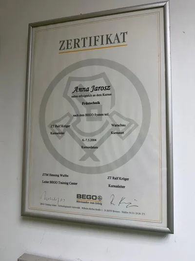 Certyfikat Frastechnik BEGO, BEGO Training Center, 2004