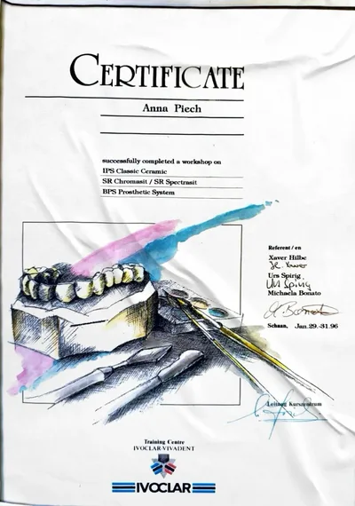 Certyfikat IPS Classic Ceramic Workshop, Ivoclar Vivadent, 1996
