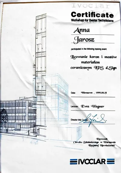 Certyfikat licowania koron i mostów materiałem ceramicznym IPS d-Sign, Ivoclar, 1999