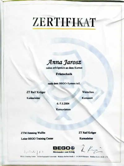 Certyfikat System BEGO Frastechnik, BEGO Training Center, 2004