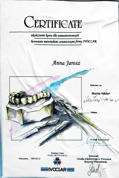 Certyfikat zaawansowanego licowania materiałami ceramicznymi, Ivoclar Vivadent, 1997