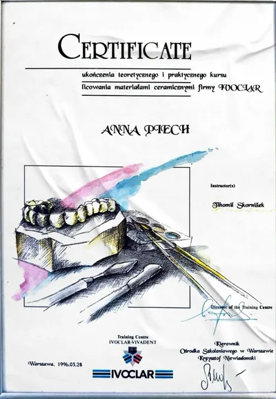 Certyfikat kursu licowania ceramicznego, Ivoclar Vivadent, 1996